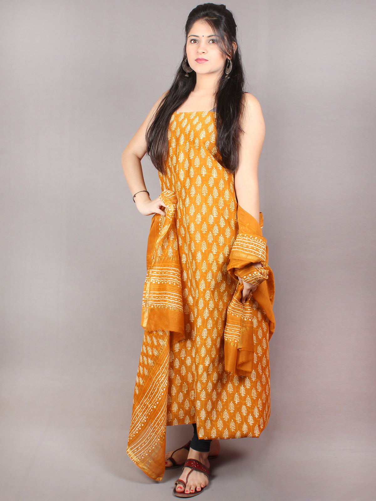 GoldenRod Yellow Hand Block Printed Chanderi Kurta-Salwar Fabric With Chanderi Dupatta - S1628066