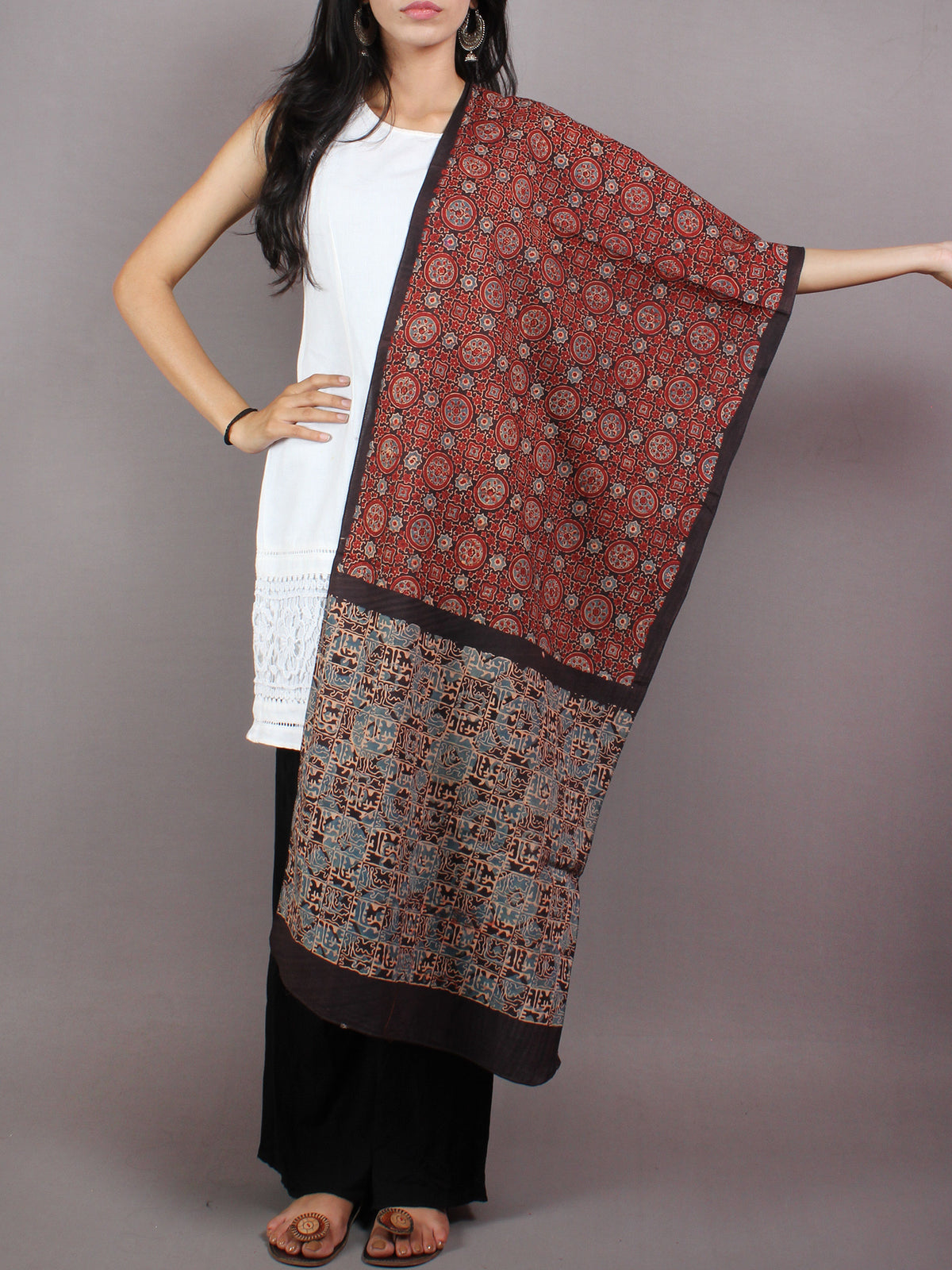 Maroon Multi Color Mughal Nakashi Ajrakh Hand Block Printed Cotton Stole - S6317071