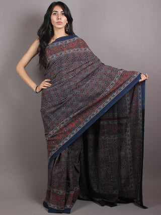 Indigo Beige Maroon Mughal Nakashi Ajrakh Hand Block Printed in Natural Vegetable Colors Cotton Mul Saree - S03170662