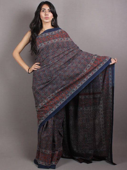 Indigo Beige Maroon Mughal Nakashi Ajrakh Hand Block Printed in Natural Vegetable Colors Cotton Mul Saree - S03170662