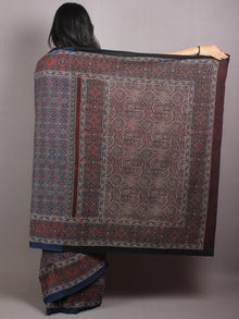 Indigo Beige Maroon Mughal Nakashi Ajrakh Hand Block Printed in Natural Vegetable Colors Cotton Mul Saree - S03170662