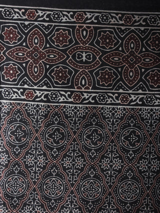 Indigo Beige Maroon Mughal Nakashi Ajrakh Hand Block Printed in Natural Vegetable Colors Cotton Mul Saree - S03170662
