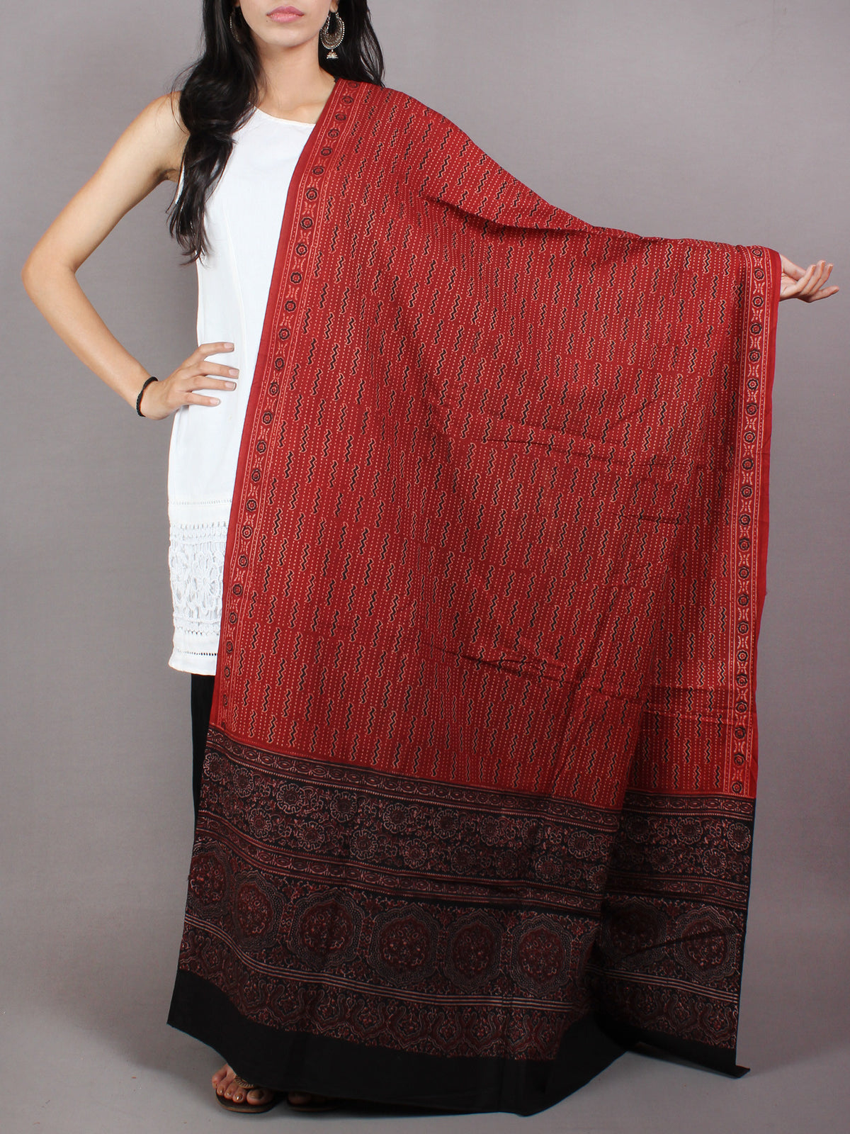 Maroon Black Beige Mughal Nakashi Ajrakh Hand Block Printed Cotton Dupatta - D0417084