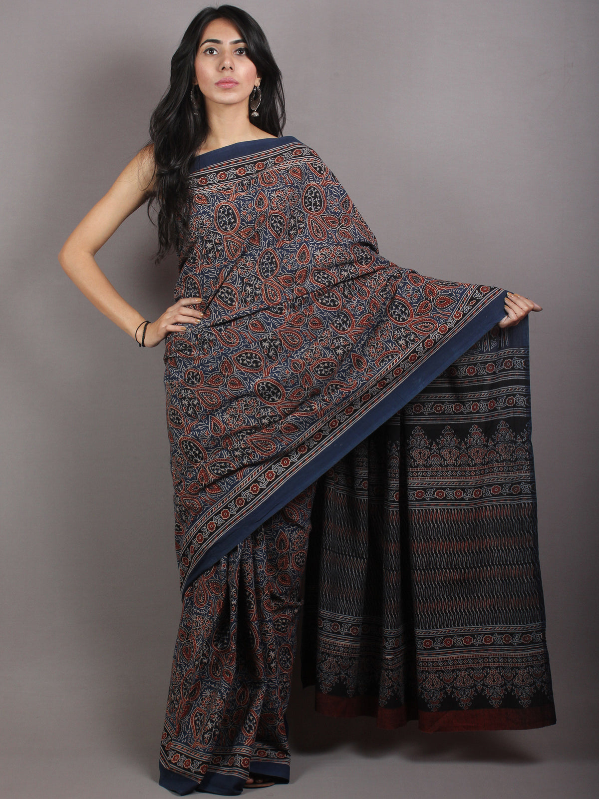 Indigo Beige Maroon Black Mughal Nakashi Ajrakh Hand Block Printed in Natural Vegetable Colors Cotton Mul Saree - S03170667