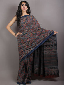 Indigo Beige Maroon Black Mughal Nakashi Ajrakh Hand Block Printed in Natural Vegetable Colors Cotton Mul Saree - S03170667