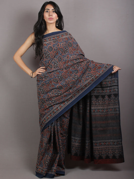 Indigo Beige Maroon Black Mughal Nakashi Ajrakh Hand Block Printed in Natural Vegetable Colors Cotton Mul Saree - S03170667