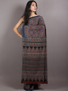 Indigo Beige Maroon Black Mughal Nakashi Ajrakh Hand Block Printed in Natural Vegetable Colors Cotton Mul Saree - S03170667