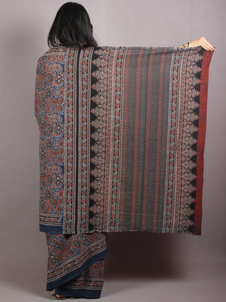Indigo Beige Maroon Black Mughal Nakashi Ajrakh Hand Block Printed in Natural Vegetable Colors Cotton Mul Saree - S03170667