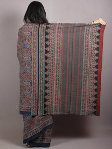 Indigo Beige Maroon Black Mughal Nakashi Ajrakh Hand Block Printed in Natural Vegetable Colors Cotton Mul Saree - S03170667