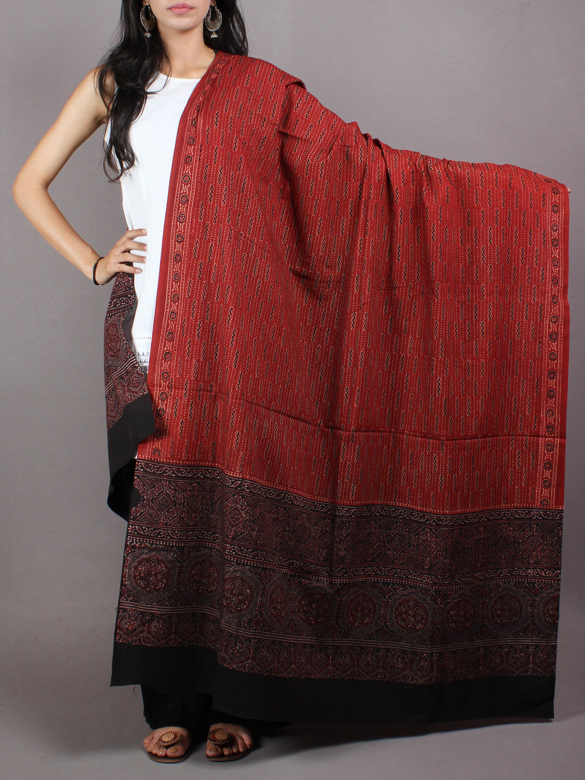 Maroon Black Beige Mughal Nakashi Ajrakh Hand Block Printed Cotton Dupatta - D0417087