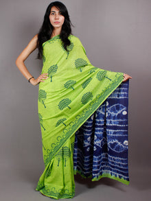 Mint Green Indigo Shibori Dyed Cotton Mul Saree  - S03170445