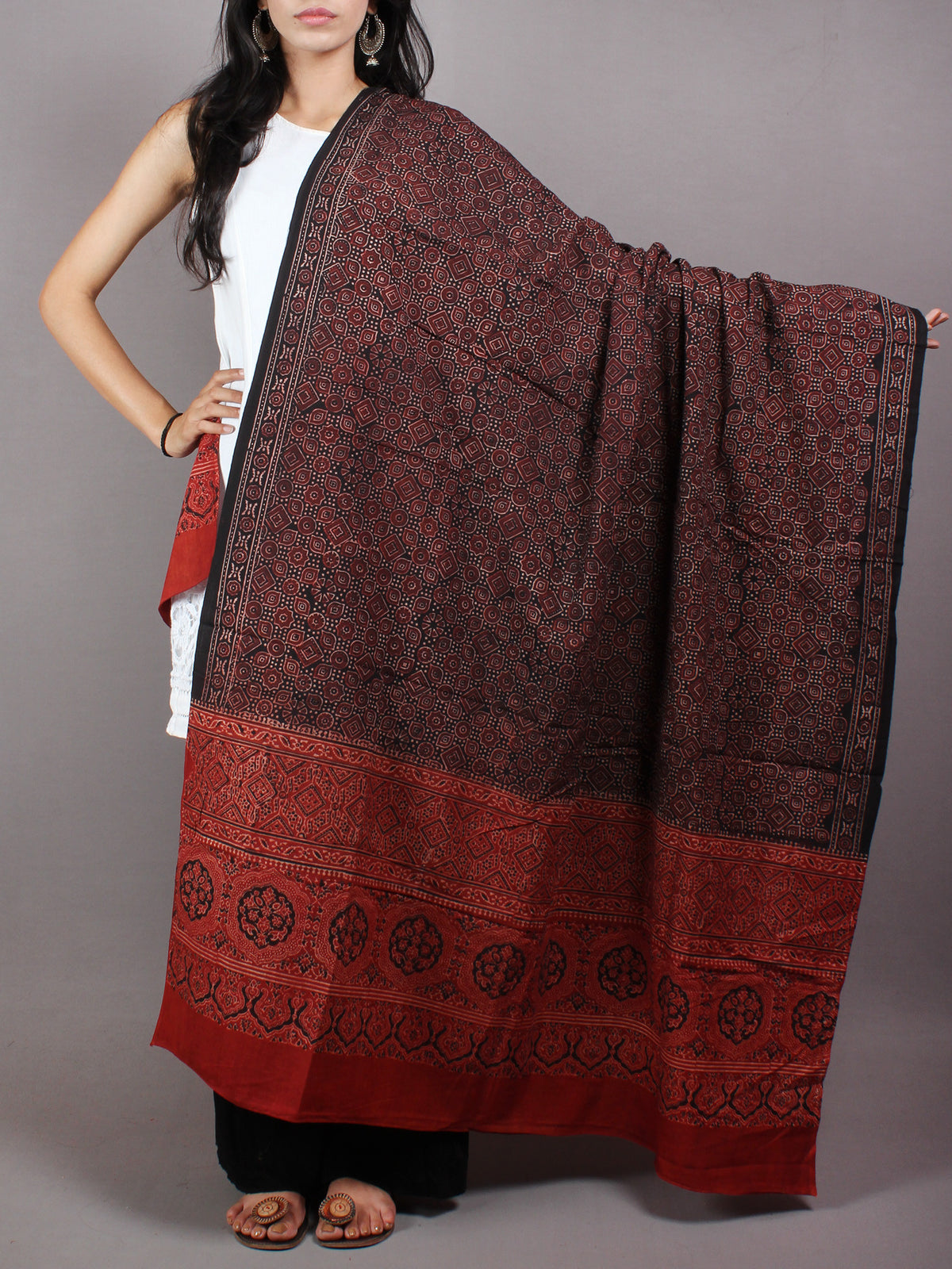 Black Maroon Beige Mughal Nakashi Ajrakh Hand Block Printed Cotton Dupatta - D0417089