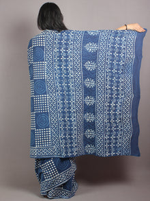 Indigo White Cotton Hand Block Printed & Painted Saree - S03170671