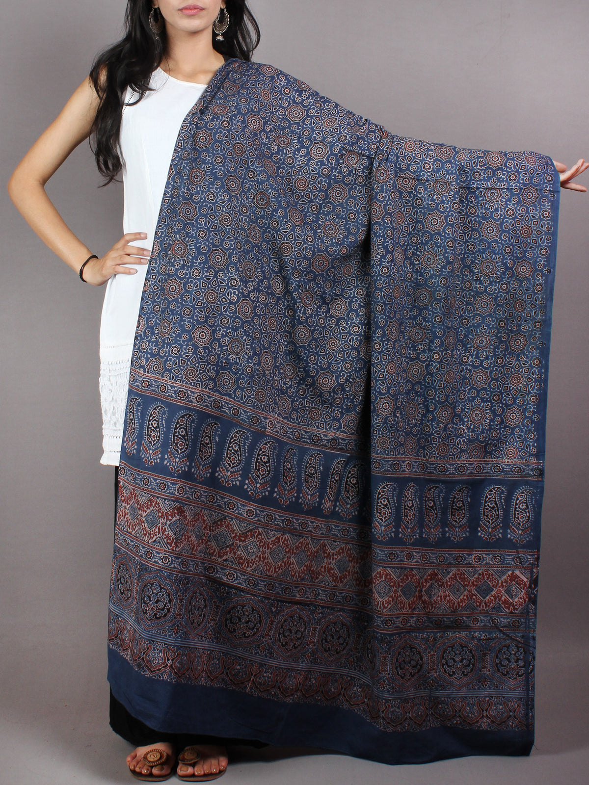 Indigo Salmon Pink Black Mughal Nakashi Ajrakh Hand Block Printed Cotton Dupatta - D0417090