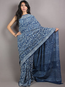 Indigo White Cotton Hand Block Printed & Painted Saree - S03170672