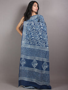 Indigo White Cotton Hand Block Printed & Painted Saree - S03170672