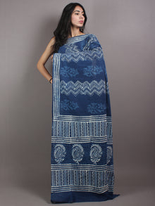Indigo White Cotton Hand Block Printed & Painted Saree - S03170673