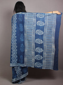 Indigo White Cotton Hand Block Printed & Painted Saree - S03170673