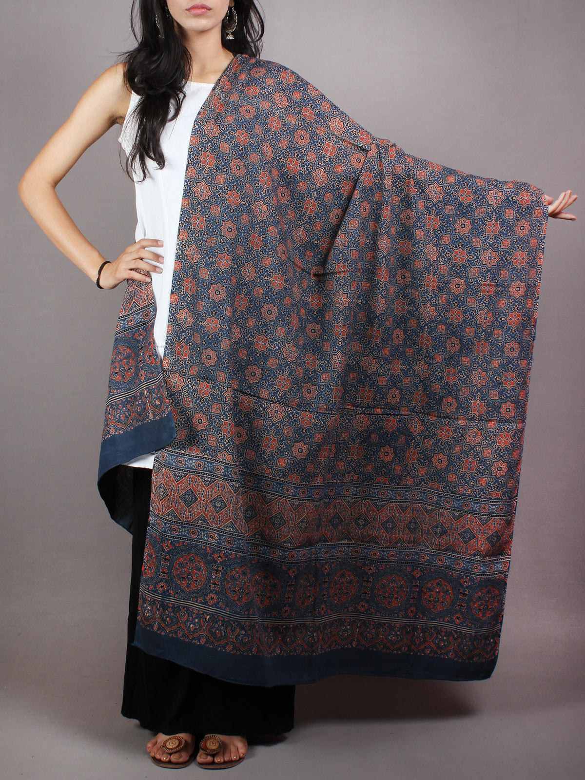 Indigo Red Beige Mughal Nakashi Ajrakh Hand Block Printed Cotton Dupatta - D0417092