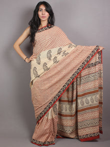 Beige Red Black Cotton Hand Block Printed Saree in Natural Colors - S03170674