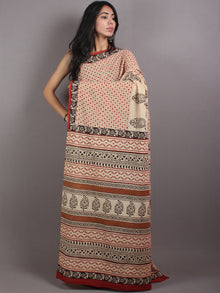 Beige Red Black Cotton Hand Block Printed Saree in Natural Colors - S03170674