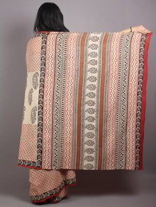 Beige Red Black Cotton Hand Block Printed Saree in Natural Colors - S03170674