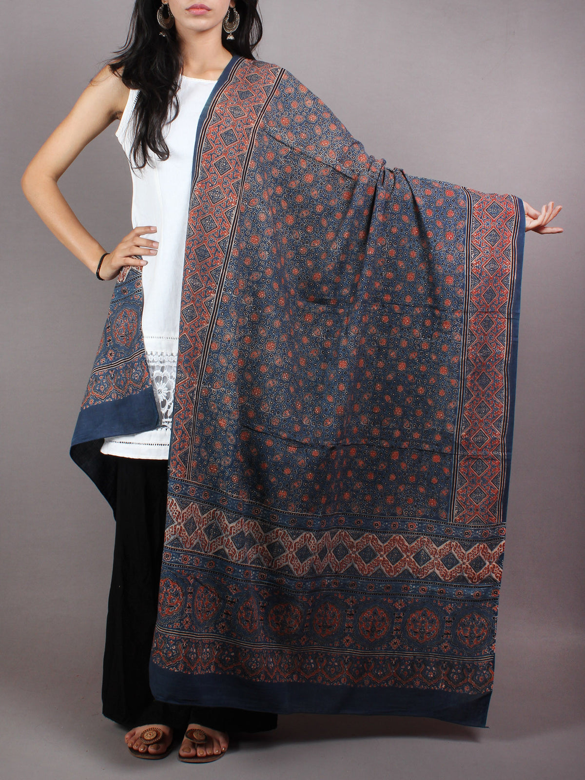 Indigo Red Beige Mughal Nakashi Ajrakh Hand Block Printed Cotton Dupatta - D0417093