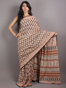 Beige Red Black Cotton Hand Block Printed Saree in Natural Colors - S03170675
