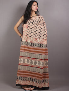 Beige Red Black Cotton Hand Block Printed Saree in Natural Colors - S03170675