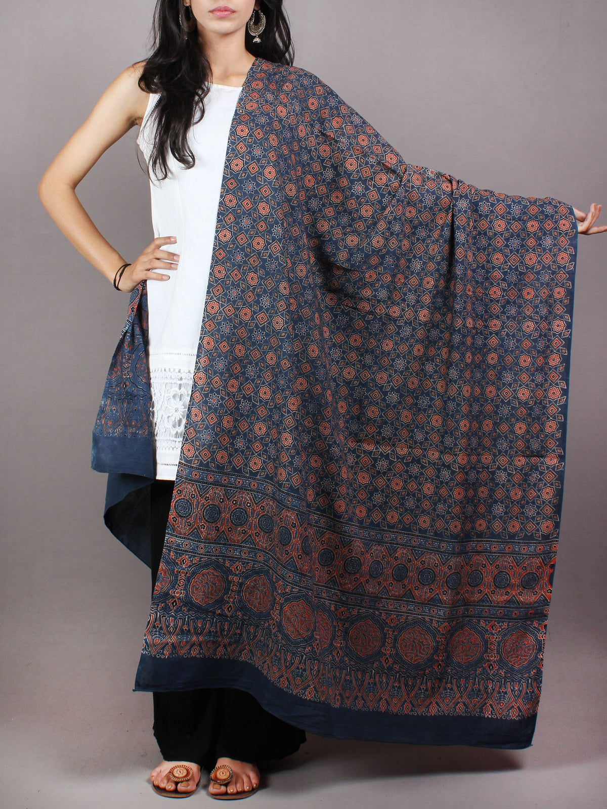 Indigo Red Beige Mughal Nakashi Ajrakh Hand Block Printed Cotton Dupatta - D0417094