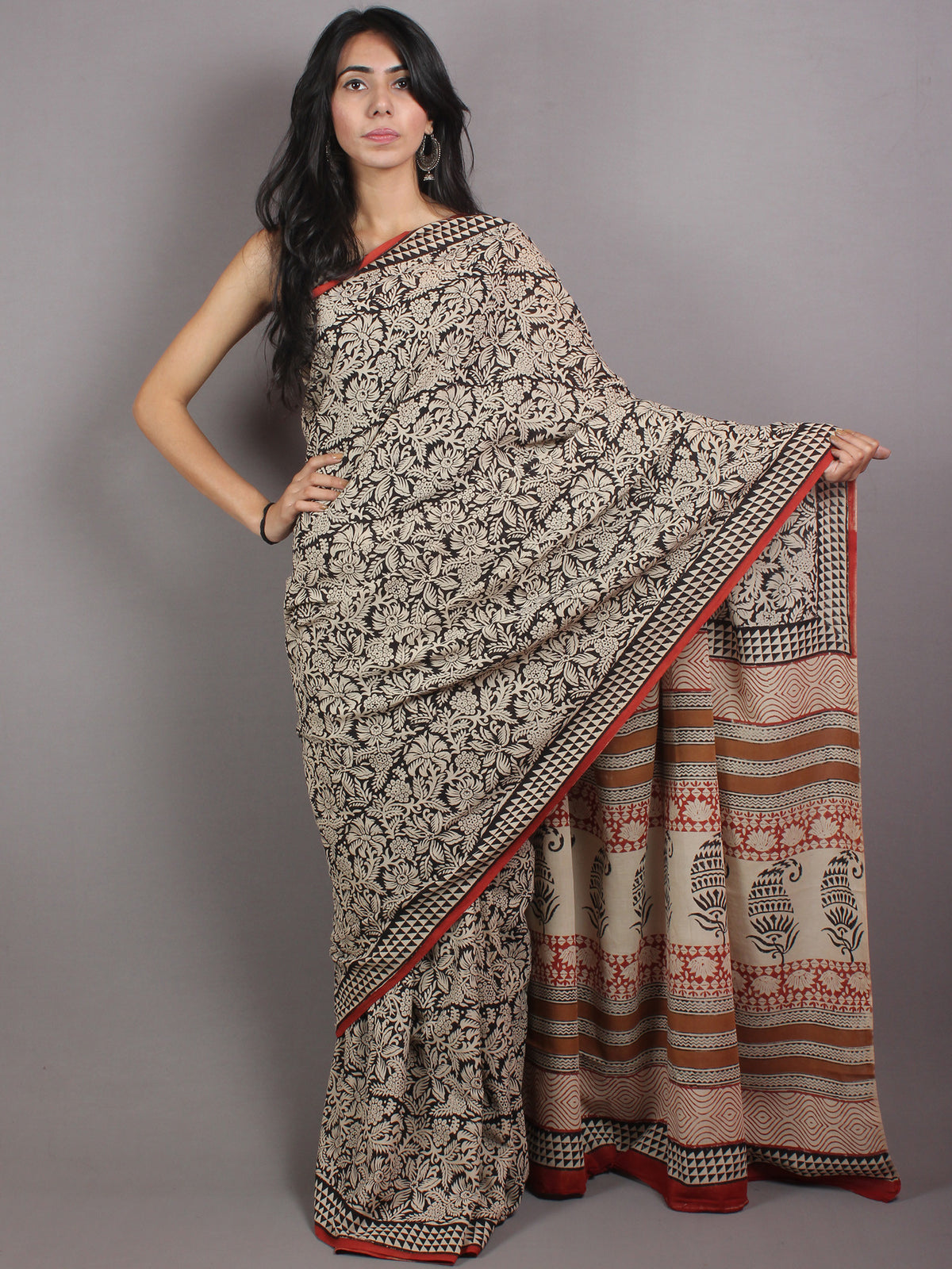 Beige Red Black Brown Cotton Hand Block Printed Saree in Natural Colors - S03170676