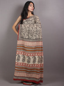 Beige Red Black Brown Cotton Hand Block Printed Saree in Natural Colors - S03170676