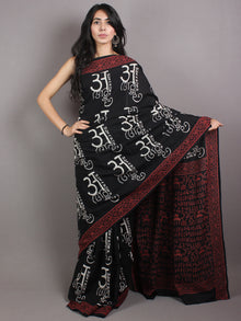 Black White Red Cotton Hand Block Printed Saree in Natural Colors - S03170677