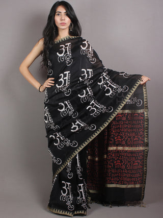 Black White Chanderi Hand Block Printed Saree With Geecha Border - S0317050