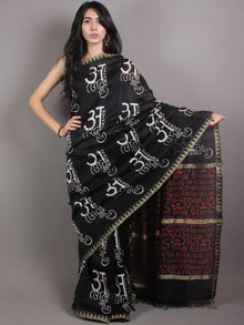 Black White Chanderi Hand Block Printed Saree With Geecha Border - S0317050
