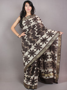 Brown Beige Ivory Hand Block Printed in Natural Colors Chanderi Saree With Geecha Zari Border - S03170679