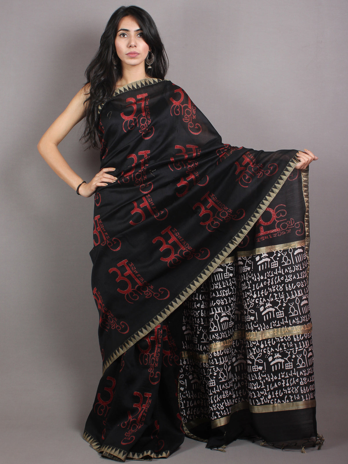 Black Red Chanderi  Hand Block Printed Saree With Geecha Border - S0317049