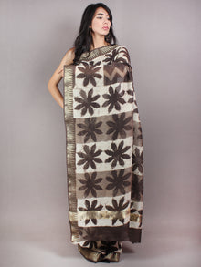 Brown Beige Ivory Hand Block Printed in Natural Colors Chanderi Saree With Geecha Zari Border - S03170679