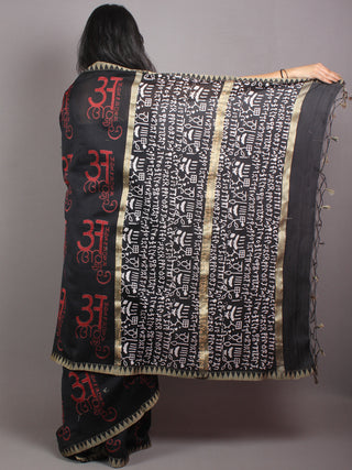Black Red Chanderi  Hand Block Printed Saree With Geecha Border - S0317049