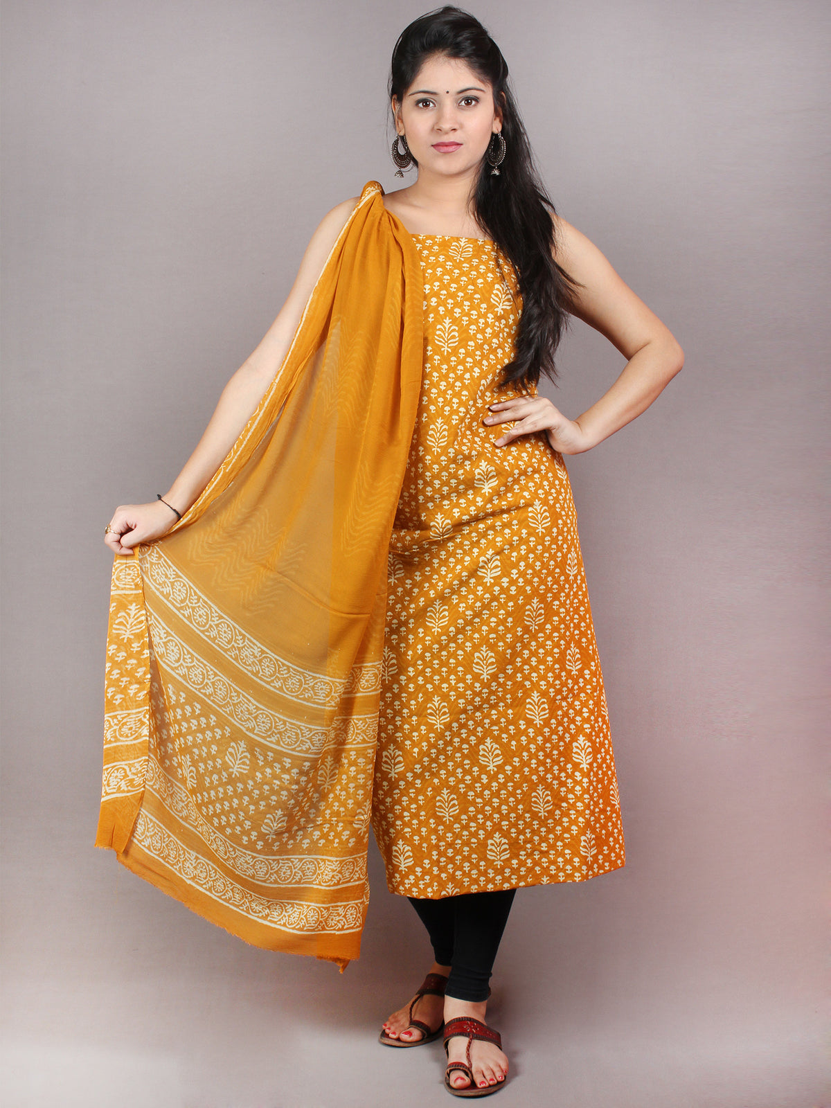 GoldenRod Yellow Beige Hand Block Printed Cotton Suit-Salwar Fabric With Chiffon Dupatta - S1628068