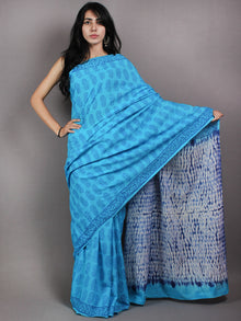 Azure Indigo Shibori Dyed Cotton Mul Saree with Persian Blue Motiffs - S03170616