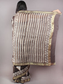 Brown Beige Ivory Hand Block Printed in Natural Colors Chanderi Saree With Geecha Zari Border - S03170680