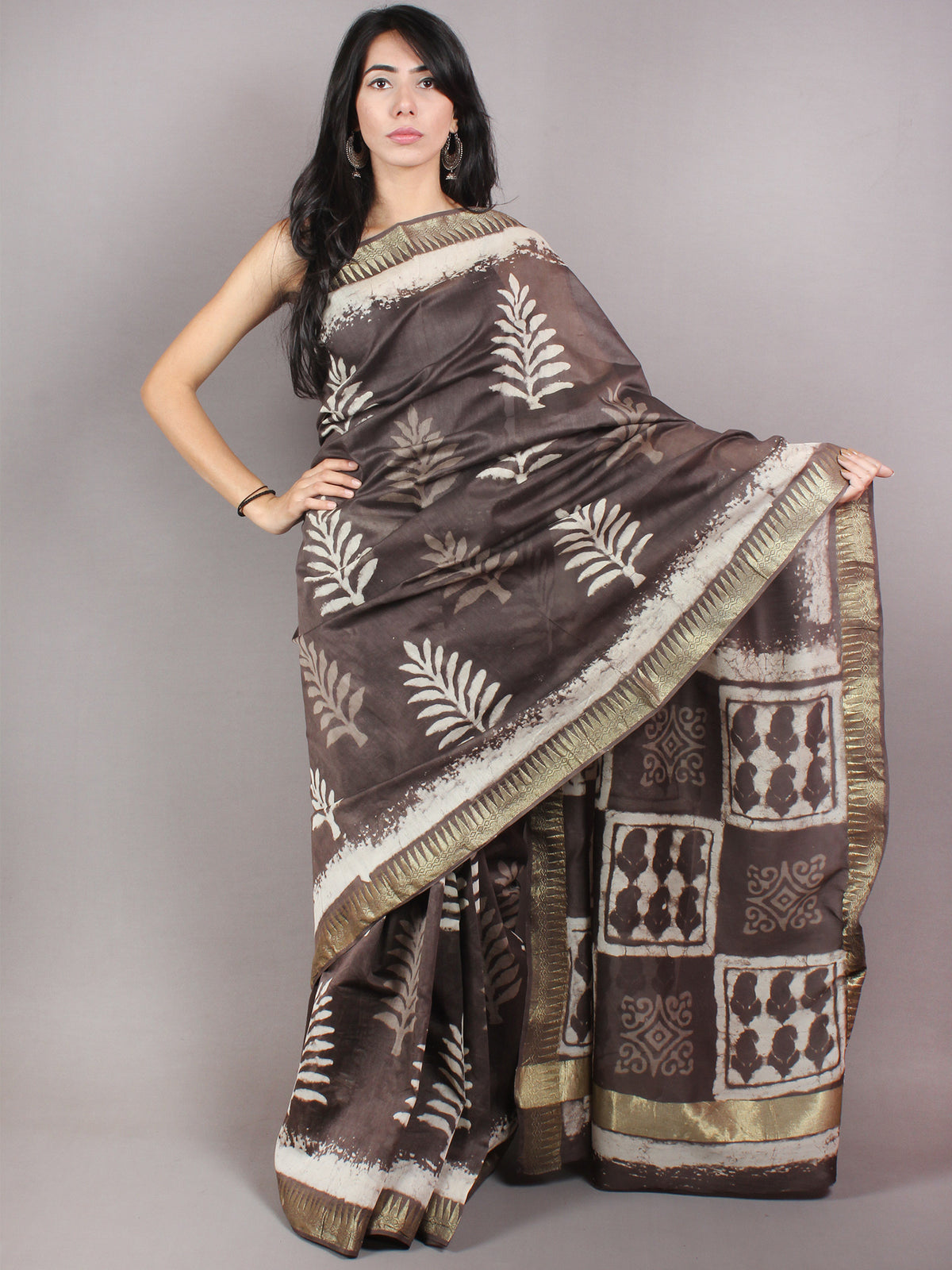 Brown Beige Ivory Hand Block Printed in Natural Colors Chanderi Saree With Geecha Zari Border - S03170681