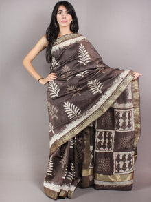 Brown Beige Ivory Hand Block Printed in Natural Colors Chanderi Saree With Geecha Zari Border - S03170681