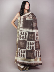 Brown Beige Ivory Hand Block Printed in Natural Colors Chanderi Saree With Geecha Zari Border - S03170681