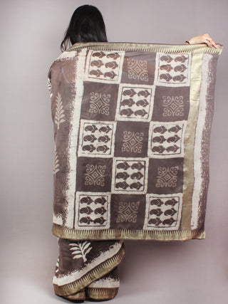 Brown Beige Ivory Hand Block Printed in Natural Colors Chanderi Saree With Geecha Zari Border - S03170681
