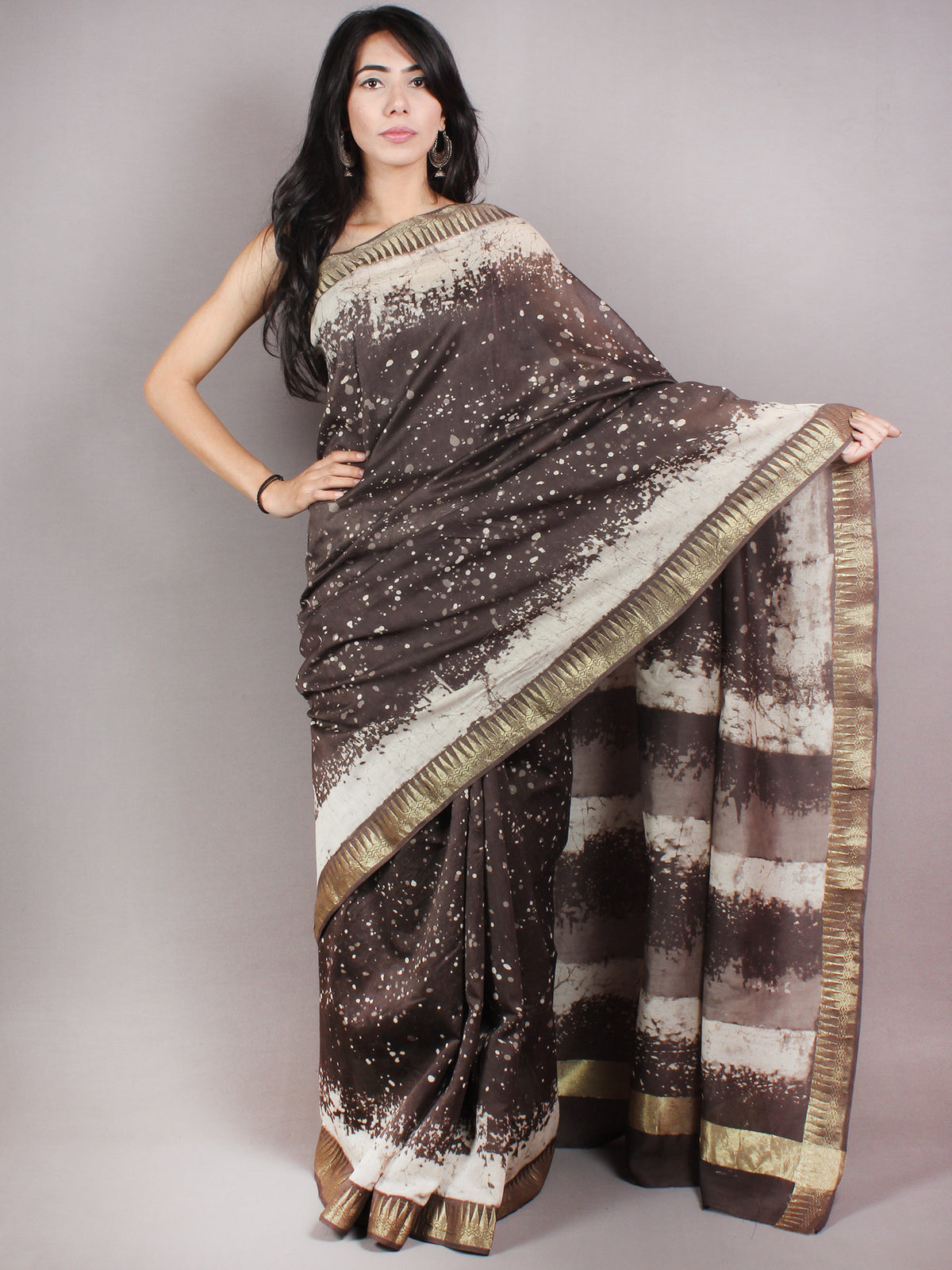 Brown Beige Ivory Hand Block Printed in Natural Colors Chanderi Saree With Geecha Zari Border - S03170682