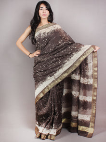 Brown Beige Ivory Hand Block Printed in Natural Colors Chanderi Saree With Geecha Zari Border - S03170682