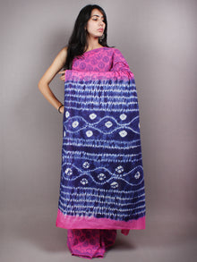 Pink Indigo Shibori Dyed Cotton Mul Saree with Persian Blue Motifs - S03170618