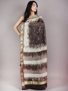 Brown Beige Ivory Hand Block Printed in Natural Colors Chanderi Saree With Geecha Zari Border - S03170682